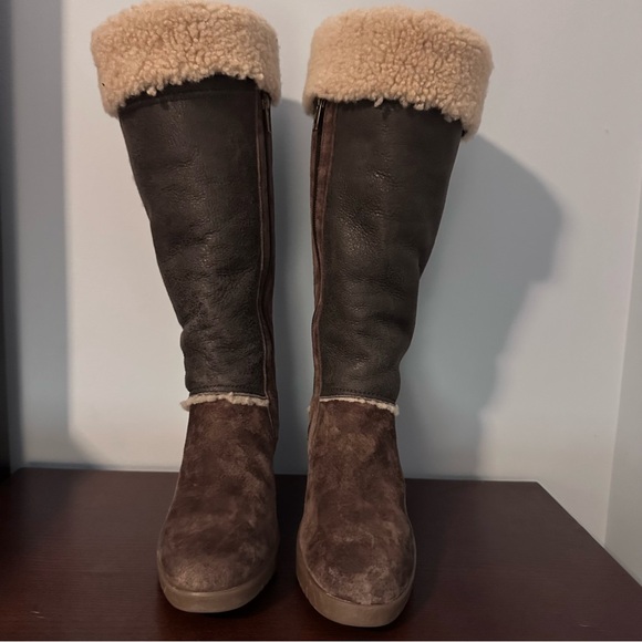 UGG Brown Sandra Leather and Shearling Wedge Knee-High Boots, Sz 9 - Picture 3 of 13